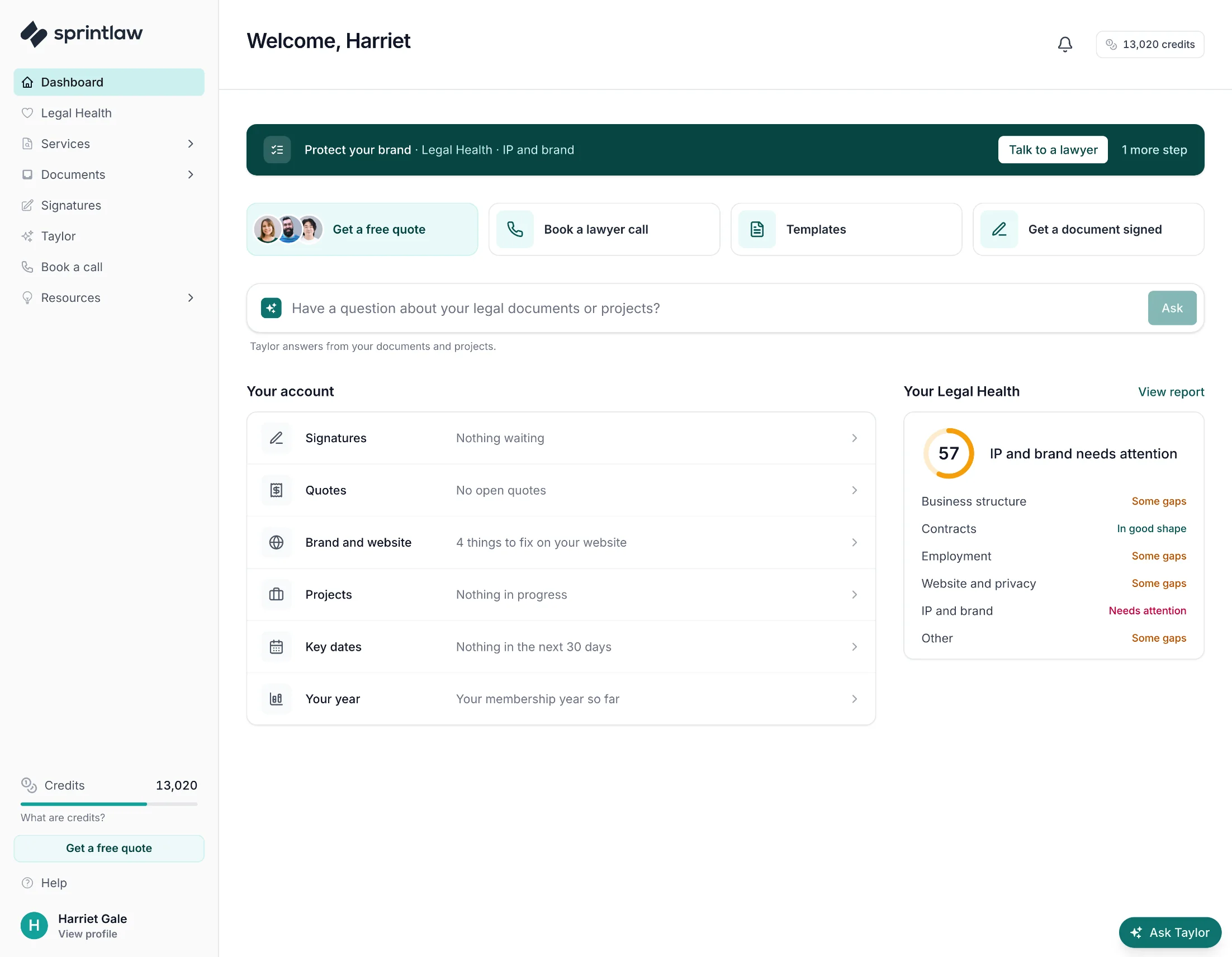 Sprintlaw platform dashboard