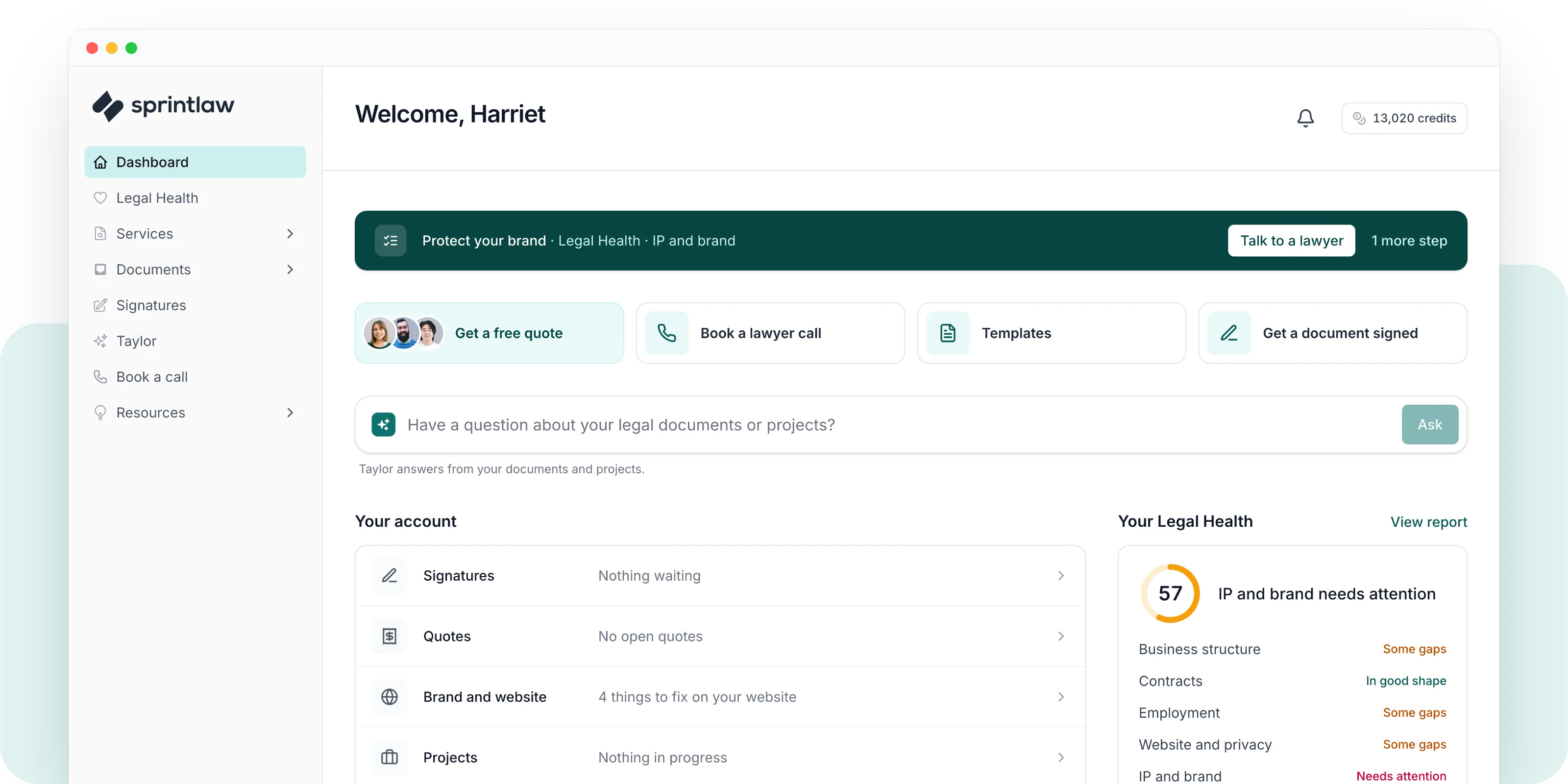 Sprintlaw legal platform dashboard